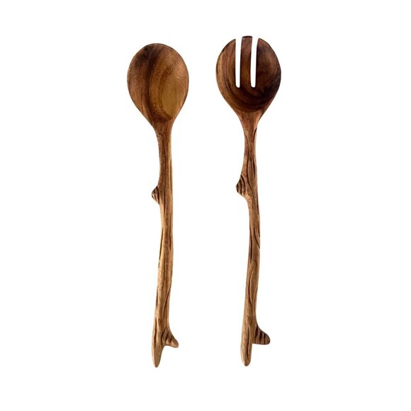 Handcrafted Wooden Salad Serving Spoon & Fork Set Branch Twig Design Rustic - Picture 1 of 4
